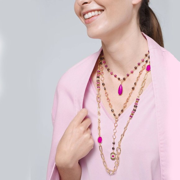 WHBM $110 3-in-1 CONVERTIBLE ORCHID-COLORED MULTI-ROW NECKLACE Magenta Pink - Picture 2 of 7